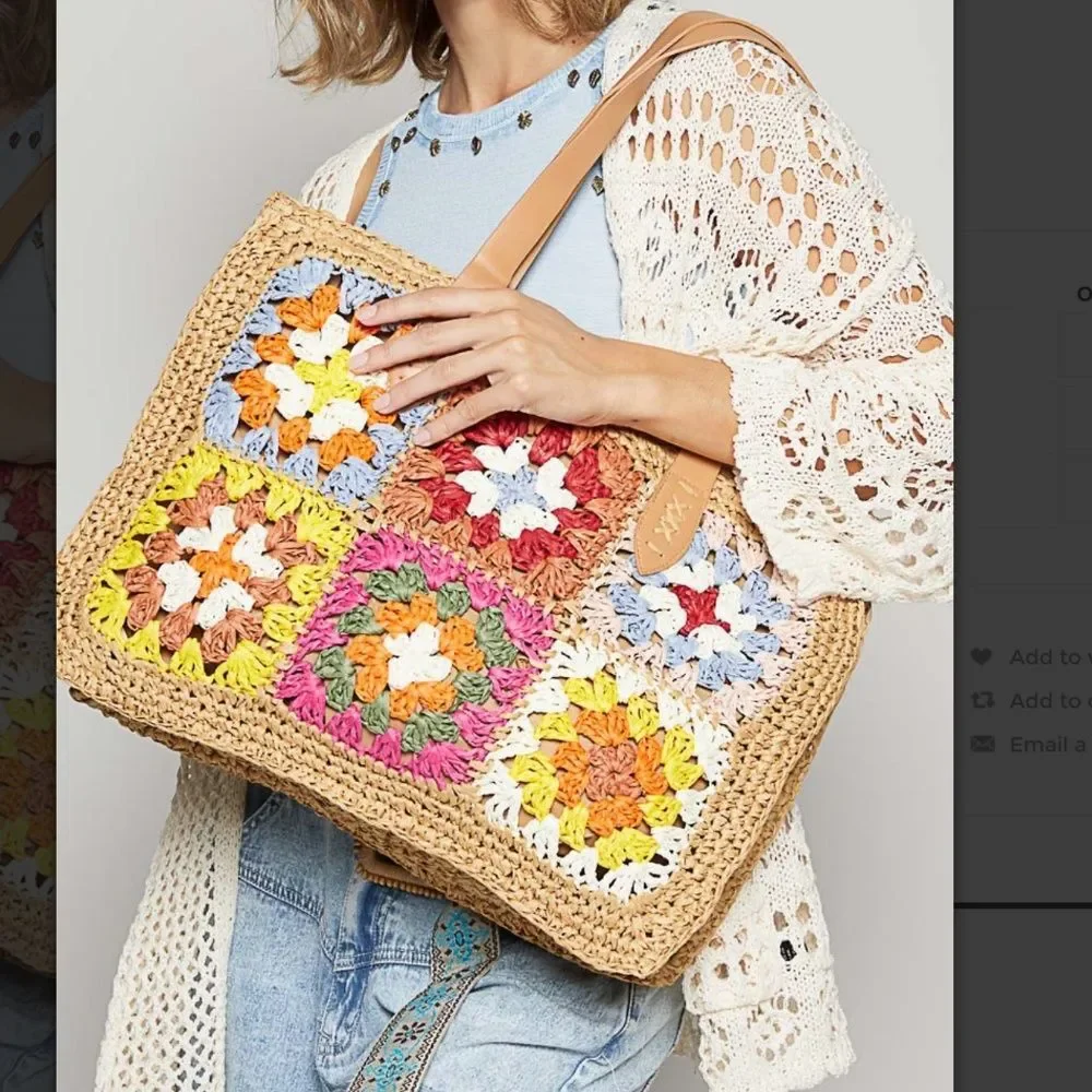 POL bag POL tote Multicolor Crochet Patchwork Straw Tote with Tan Handles NEW
